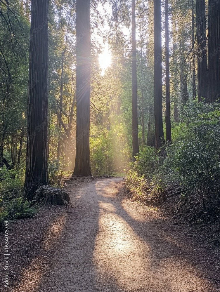 Obraz premium high detail visual of pathway in the middle of the forest with sun shining through trees