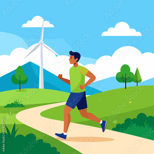 A man is jogging on a path through a green landscape with trees, mountains, and a wind turbine in the background.