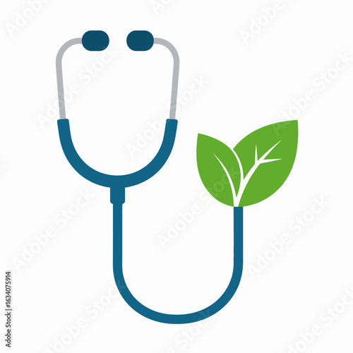 A blue stethoscope with green leaves, representing natural healthcare, holistic wellness, and environmental medicine.