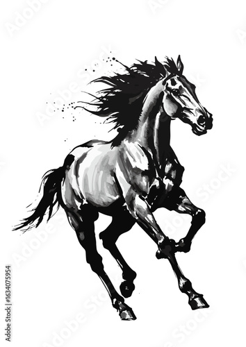 墨で描いた馬のイラスト、和風、水墨画、年賀状