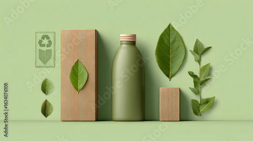 Wallpaper Mural Eco Friendly Product Packaging, Green Bottle with Natural Leaf Elements, Sustainable Design with Minimalist Aesthetic, Plant-Based Beauty Product Concept, Clean Environmentally Conscious Branding Torontodigital.ca