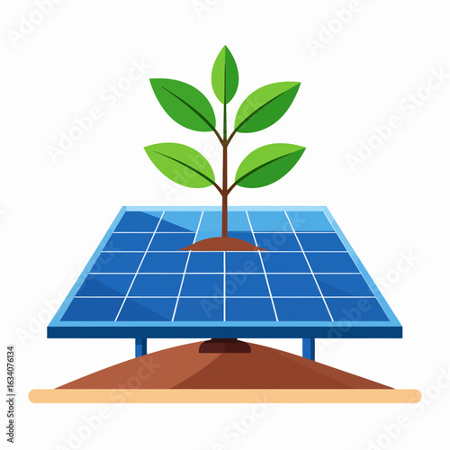 A vibrant green plant sprouts from a blue solar panel, symbolizing sustainable growth and renewable green energy concepts.