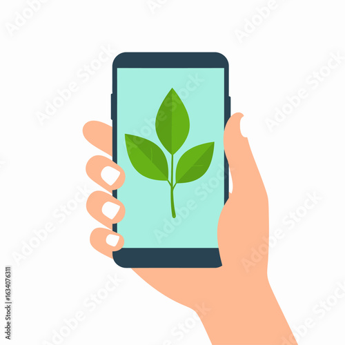 A hand holds a smartphone displaying a vibrant green leaf symbol, representing environmental awareness and digital connection to nature.