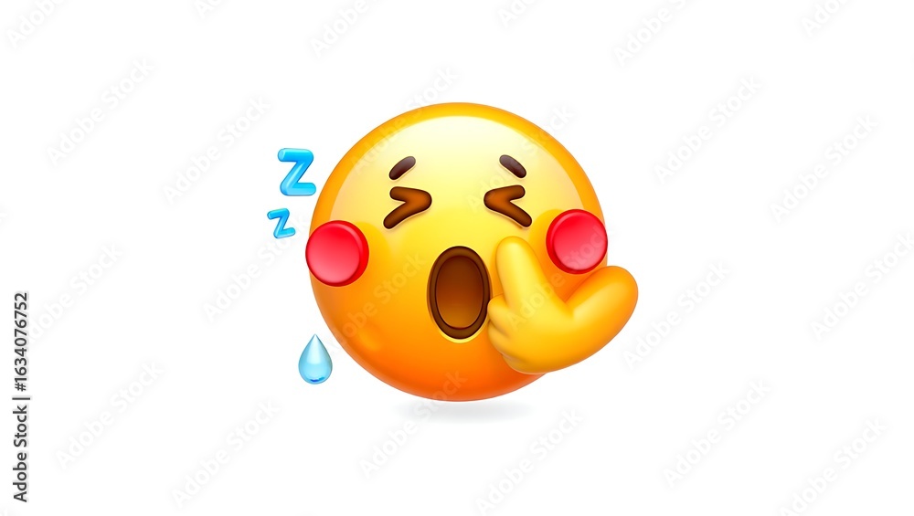 Fototapeta premium Sleepy Emoji Yawning with Index Finger and Sleep Symbols on a White Background Representing Tiredness and Rest