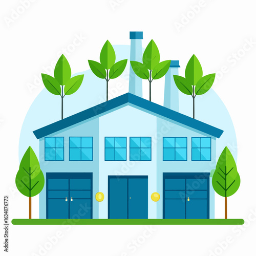 An eco-friendly factory with large green leaves on its roof, symbolizing sustainable industry and clean energy.