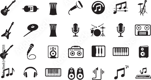 Diverse Black Silhouette Icons for Music and Audio Production guitar electric guitar