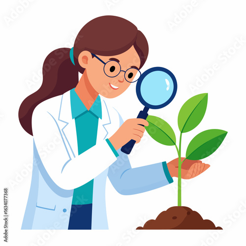 A female scientist in a lab coat examines a small green plant with a magnifying glass.