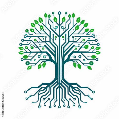 A stylized tree with a circuit board trunk and roots, topped with vibrant green leaves, symbolizing green technology and digital growth.