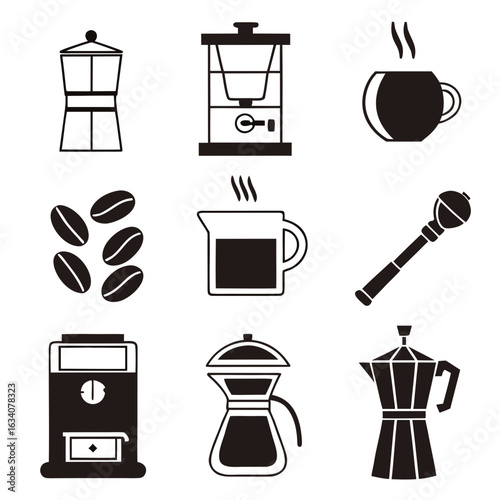 Black Silhouette Icons of Coffee Making Equipment and Beans coffee maker moka pot