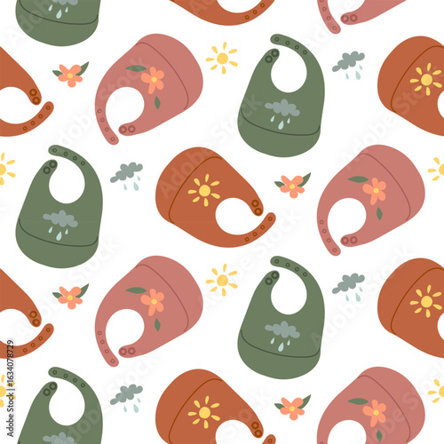 Pattern with children's multicolored silicone bib. Green, pink, brown feeding young children. Cloud, sun, flower. Colored flat texture. Open. Universal baby food accessories. Baby product packaging