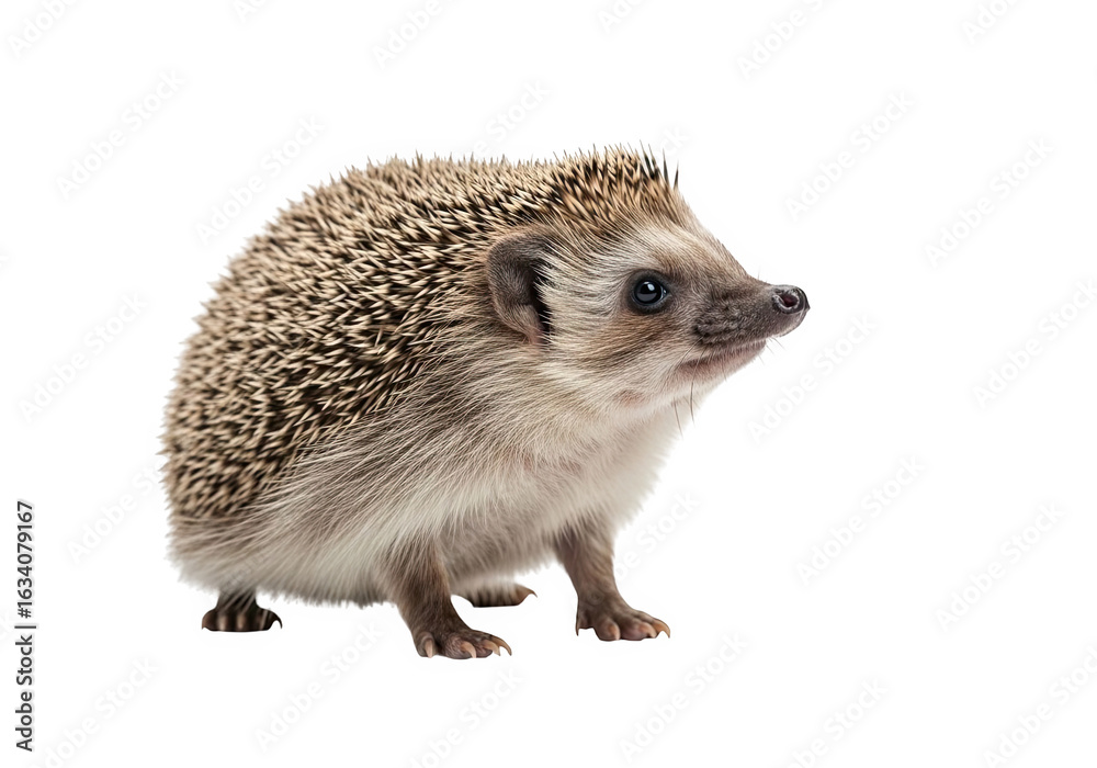 Naklejka premium A small, cute hedgehog with prickly spines, isolated on a transparent background, showcasing its detailed fur and features