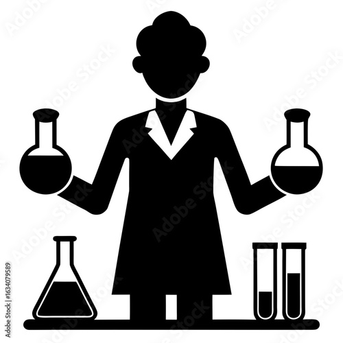 Scientist holding flasks with lab equipment silhouette