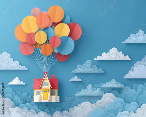 Dream house lifted by colorful balloons in a serene blue sky paper art fantasy conceptual representation of hope and aspiration