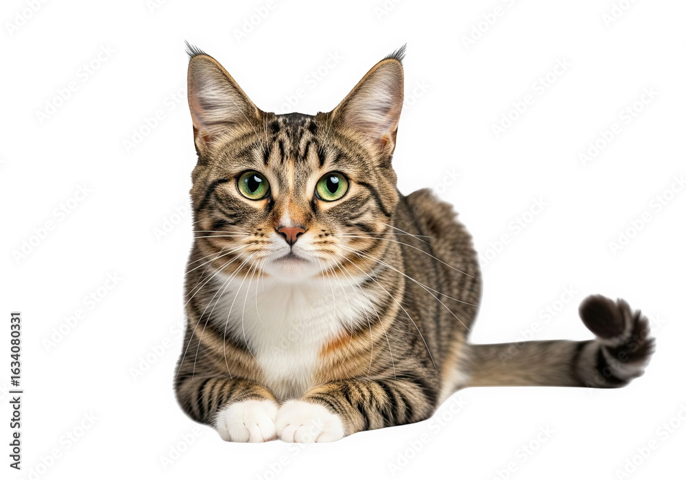 Obraz premium A cute tabby cat with green eyes is sitting on a transparent background, looking directly at the camera