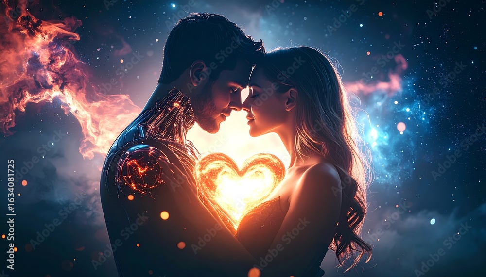 Obraz premium Celestial Embrace: A Couple's Heartfelt Connection Amidst the Cosmos