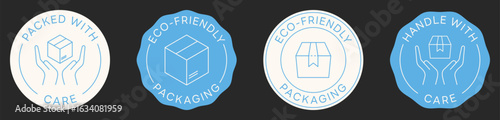 Handle With Care Stamp. Packed With Care Badge. Set of Packaging Signs. Stickers Vector Design