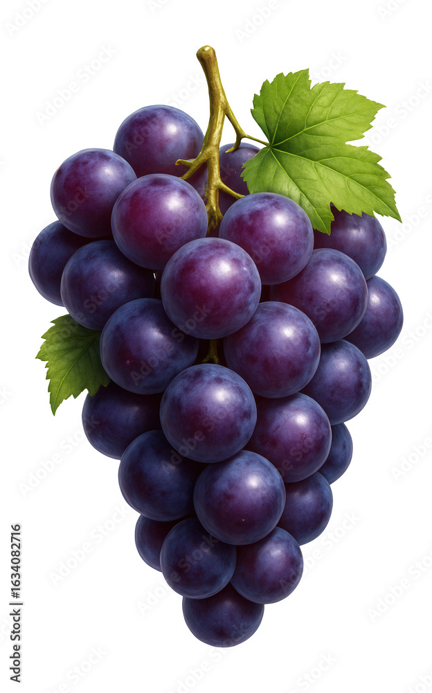 Fototapeta premium A realistic cluster of ripe, purple grapes with fresh green leaves on transparent background.