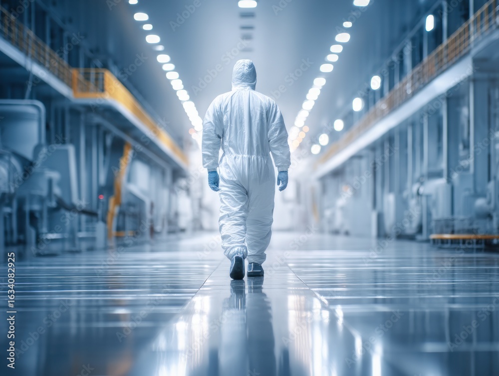 Fototapeta premium Worker in protective suit walking in a modern factory