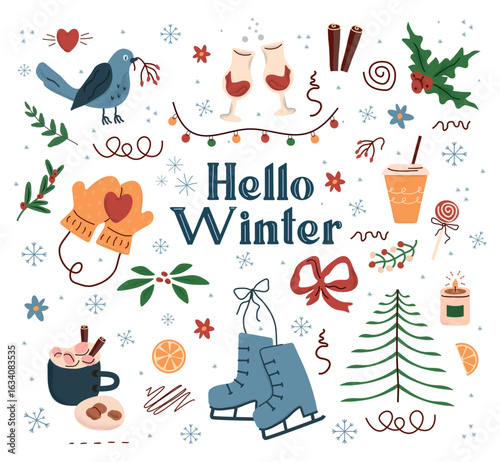 concept winter, pattern, Fir tree, glass, dots, snow,  line drawing. winter design elements are isolated on white background. Simple shape conceptfor season cards, for  party poster, banner, print. 