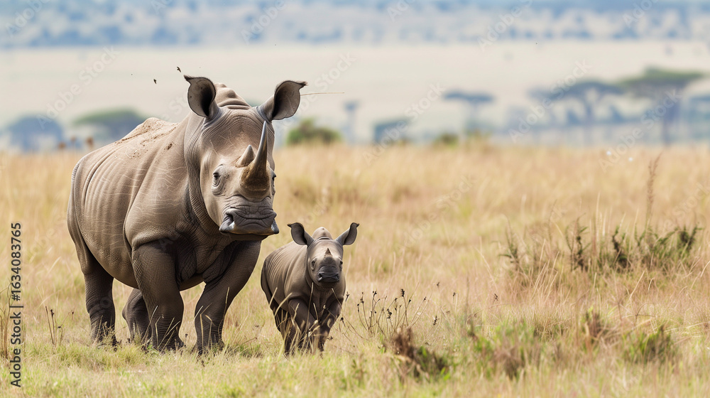 Obraz premium Black Rhino in Masai Mara, Kenya. Black Rhino and Calf in the Masai Mara, Kenya
