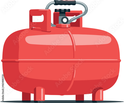 A red propane tank with a metal handle and black grip sitting on a white surface with a gray shadow