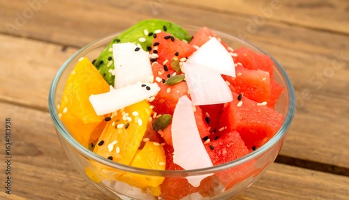 A vibrant top-down image of Indonesian es campur (shaved ice dessert) served in a glass bowl with colorful ingredients including jackfruit, coconut, grass jelly, and syrup