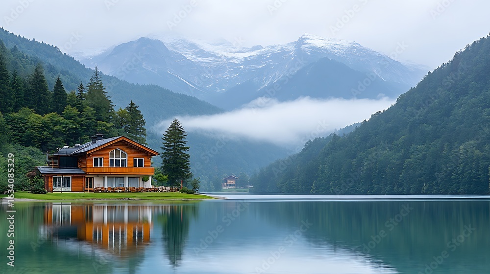 Fototapeta premium Tranquil wooden house by a serene lake nestled in a mountain valley.