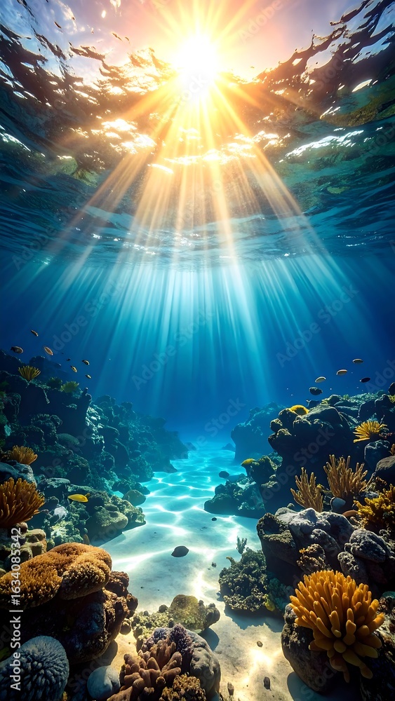 Fototapeta premium Underwater coral reef scene bathed in sunlight