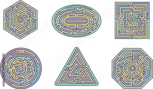 Illustration of six geometric shape mazes with pastel colors and black outlines on a white background