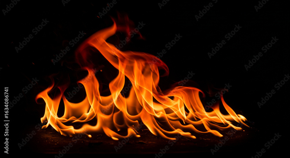 Fototapeta premium Fiery flames dancing against a dark background.