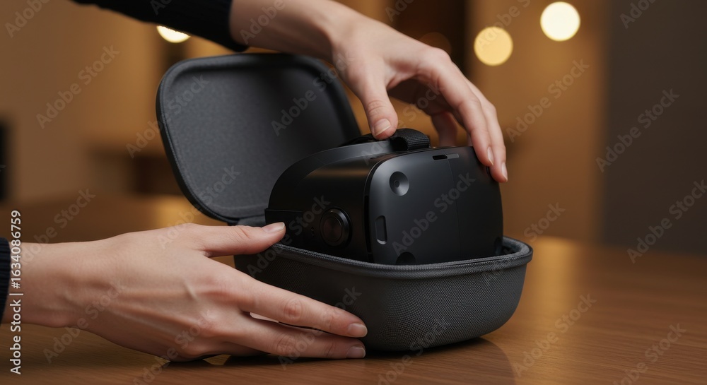 Fototapeta premium Woman carefully placing vr headset in protective case