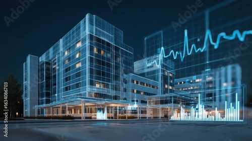 Modern hospital architectural design at night with overlayed data charts