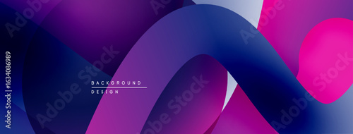 Abstract fluid shapes, vibrant purple hues dominate design. Smooth gradients create dynamic composition. Modern background texture.