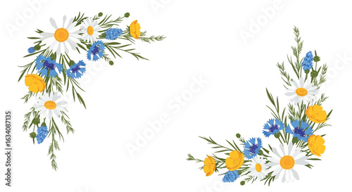 Floral corner arrangements with daisies cornflowers and yellow flowers isolated on a white background