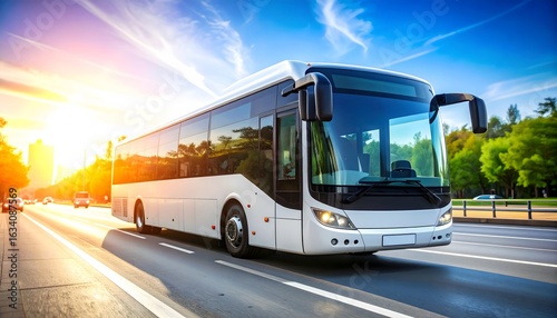 Rent a modern and comfortable bus for your group travel needs during a sunny day on the road