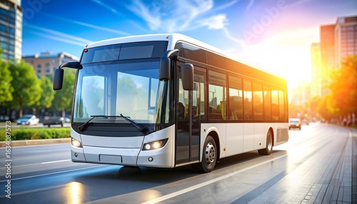 Modern city bus gliding through downtown streets on sunny day bringing people together for work or leisure