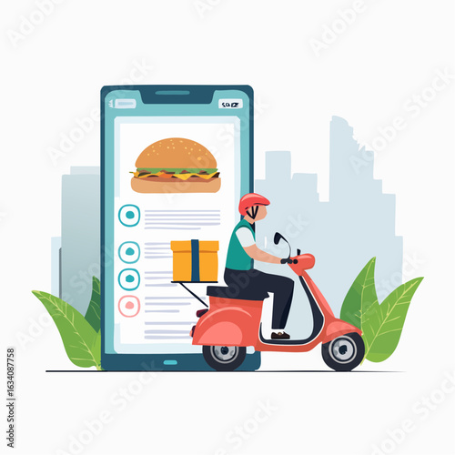Illustration of fast and modern food delivery service with app integration and urban setting.
