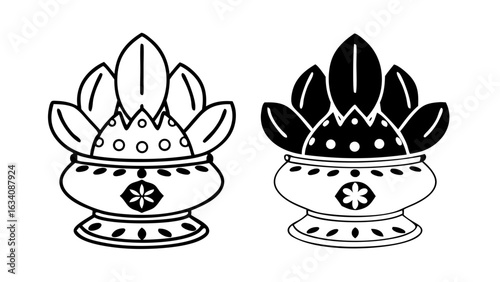 Puja Kalash Tray Icons in Outline and Solid Black Vector Style.