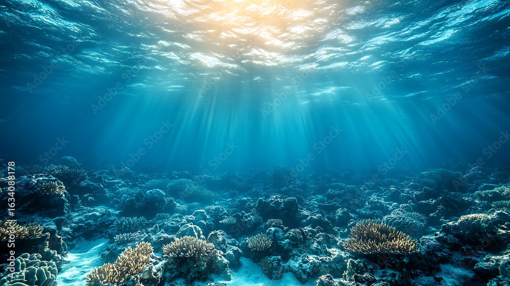 Fototapeta premium Sunlight streams through the azure depths of a coral reef.