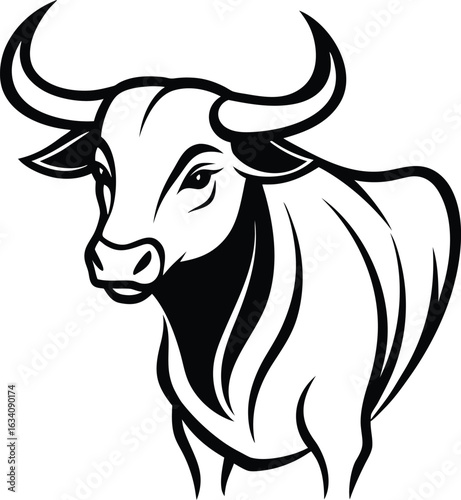 Bull silhouette vector, monochrome logo, symbol  illustration of a standing horned ox or a black  isolated on a white background. Chinese zodiac calendar. Stylish bull logo design.