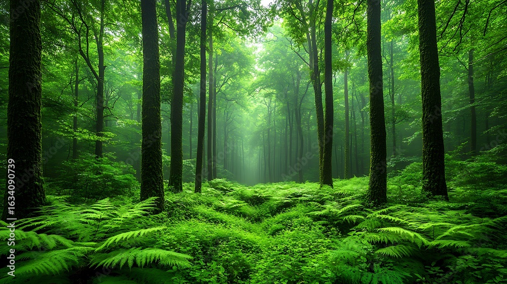 Fototapeta premium Lush forest floor covered in ferns and trees.
