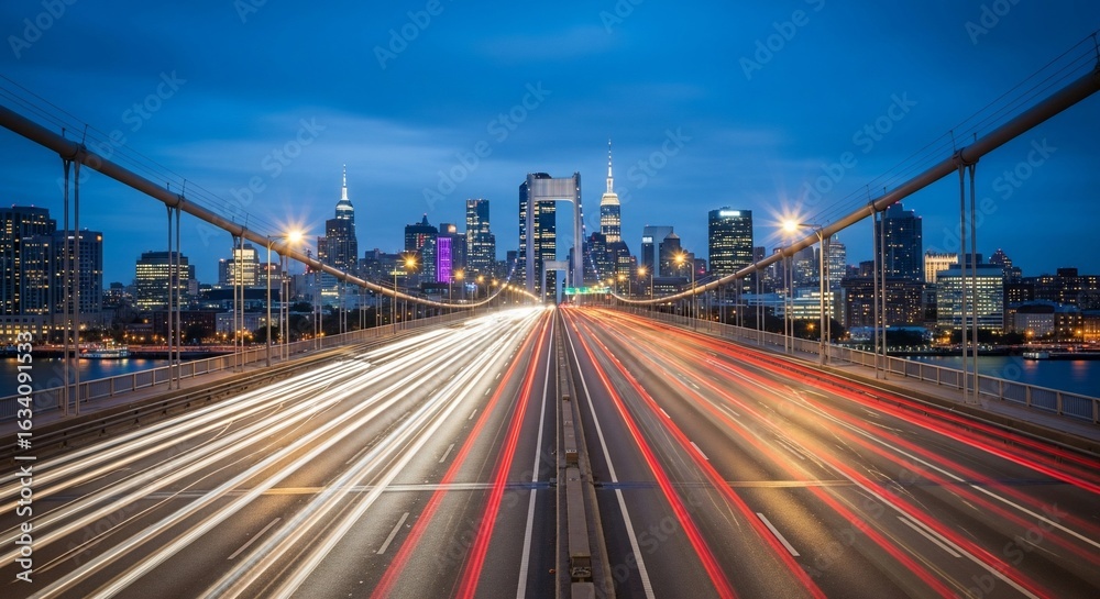 Fototapeta premium New York City Skyline at Night with Bridge and Light Trails