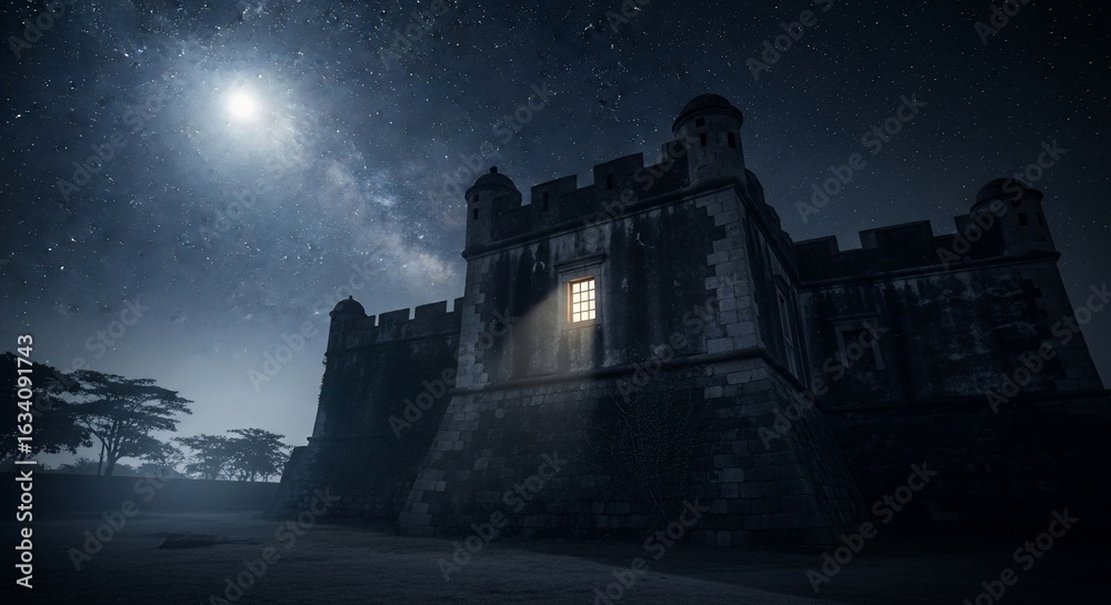 Fototapeta premium Mysterious Ancient Stone Castle with Glowing Window Under Starry Night Sky