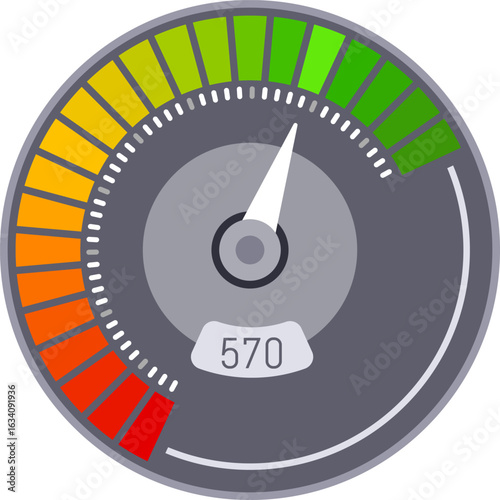 Credit score indicator featuring a vibrant color scale transitioning from red to green, displaying a strong rating with a pointer highlighting a value of 570