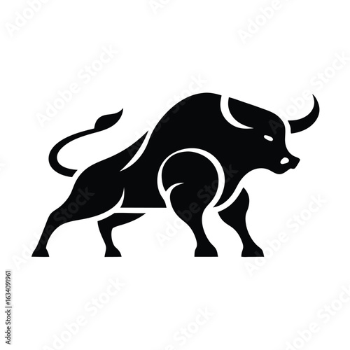 Bull silhouette vector, monochrome logo, symbol  illustration of a standing horned ox or a black  isolated on a white background. Chinese zodiac calendar. Stylish bull logo design.