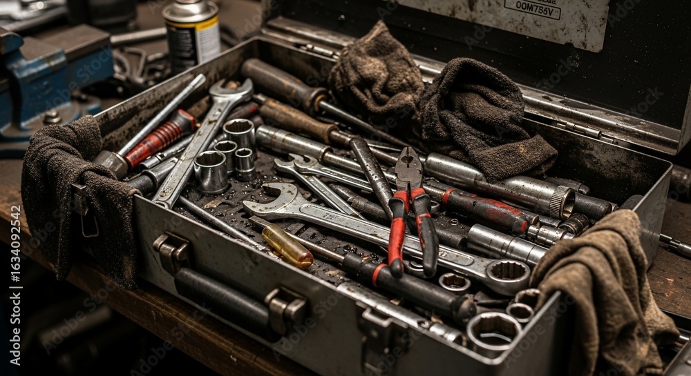 Fototapeta premium Open Metal Toolbox Filled with Wrenches, Screwdrivers, and Tools on a Wooden Surface