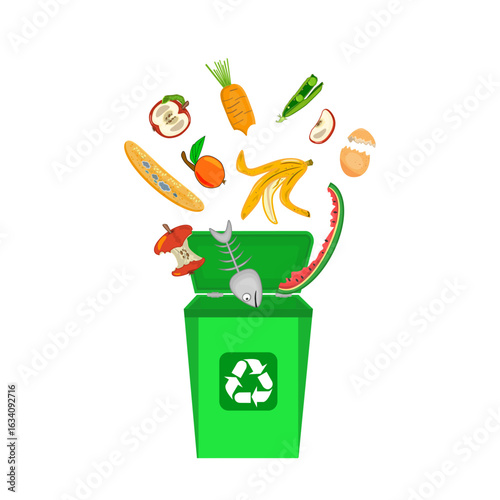 Trash bin and food leftover isolated on white background. Rubbish falling into trash bin. Food refuse, recyclable organic garbage, scraps segregation, zero waste concept. Stock vector illustration