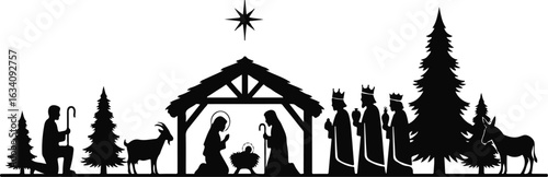 Nativity scene silhouette with manger and three wise men