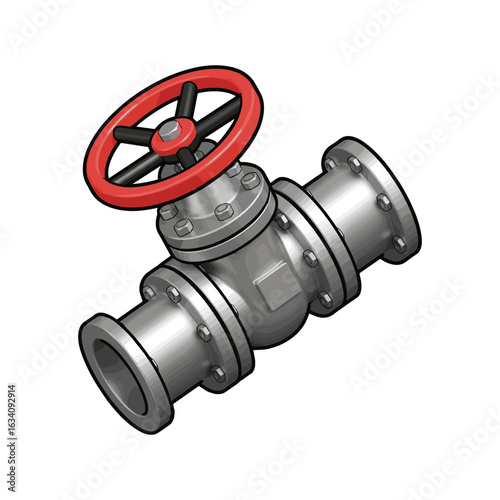 A metal pipe with flanges and bolts and a red valve wheel isolated on a white background illustration.