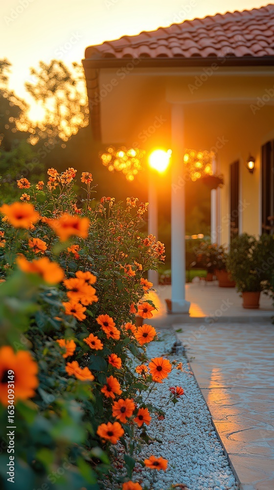 Obraz premium Beautiful orange flowers bloom under warm sunset at a charming garden pathway